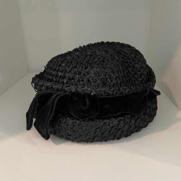 Vintage Piko Montreal New York Black Woven Straw Hat With Velvet Bow Accent Wome - Picture 8 of 14